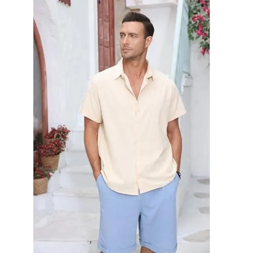 Angbater Mens Cotton Linen Shirts Short Sleeve Casual Button Down Shirts Summer Beach Hawaiian Shirt for Men Black