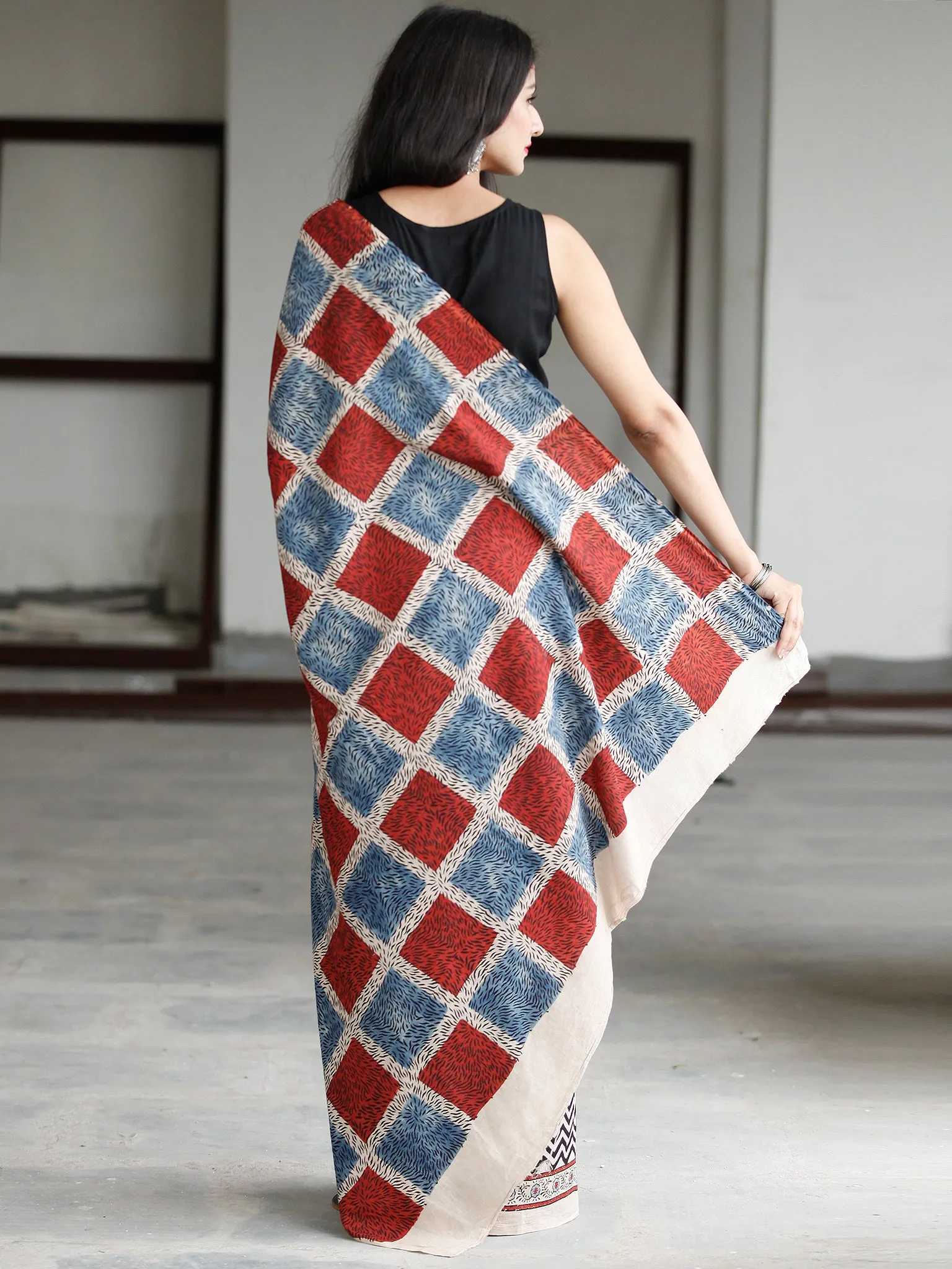 Beige Maroon Black Indigo Ajrakh Hand Block Printed Cotton Saree in Natural Colors - S031703737