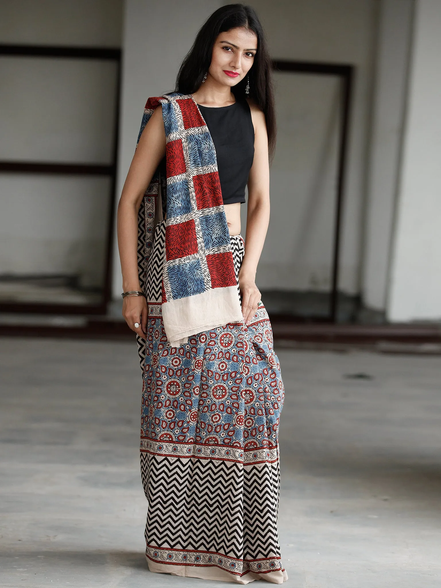 Beige Maroon Black Indigo Ajrakh Hand Block Printed Cotton Saree in Natural Colors - S031703737