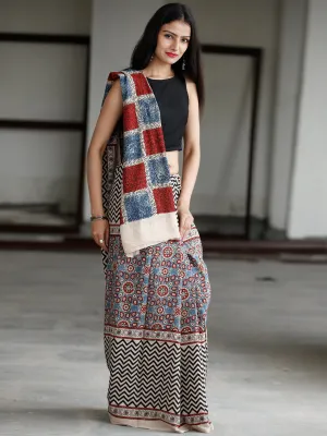 Beige Maroon Black Indigo Ajrakh Hand Block Printed Cotton Saree in Natural Colors - S031703737