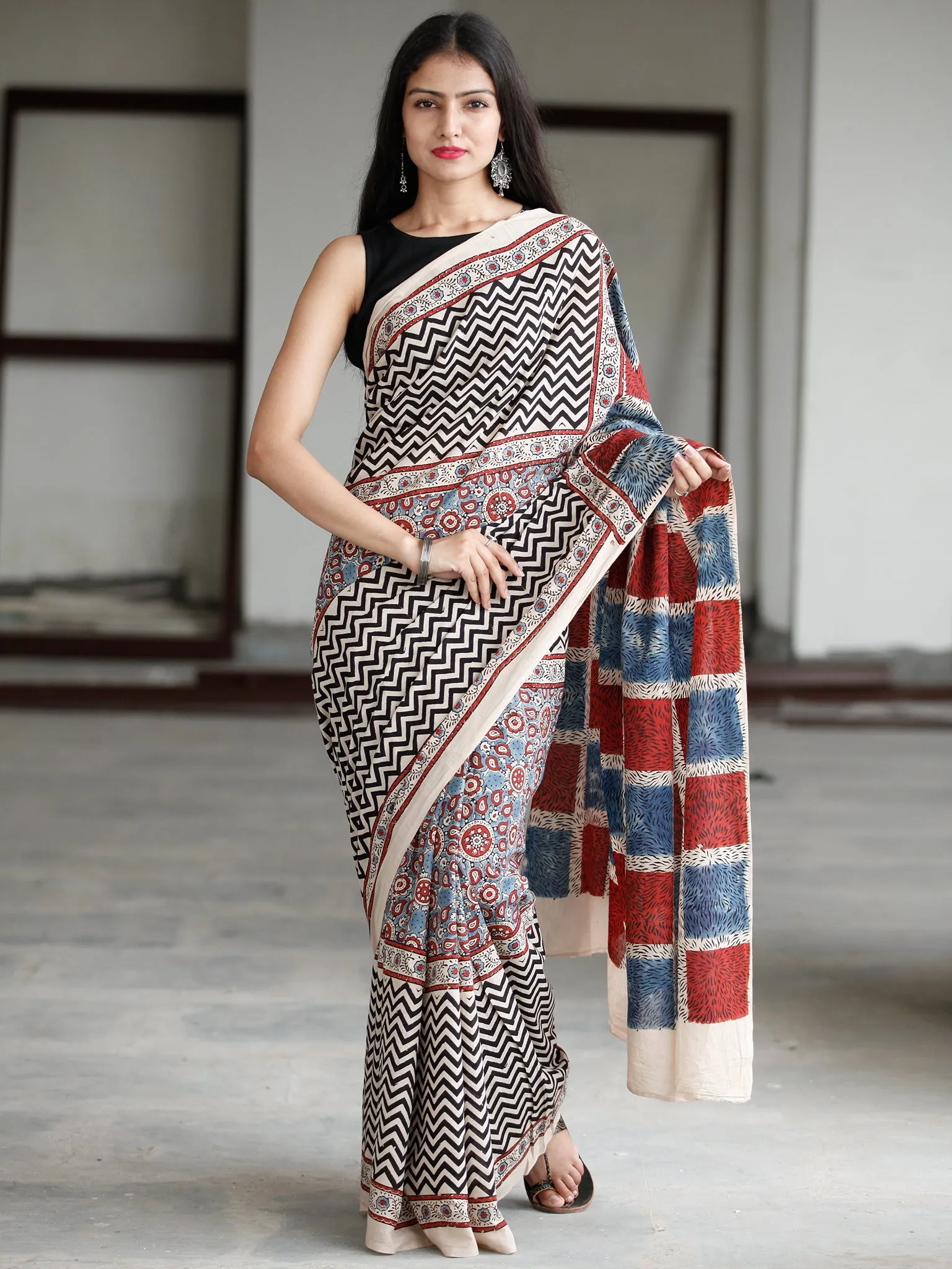 Beige Maroon Black Indigo Ajrakh Hand Block Printed Cotton Saree in Natural Colors - S031703737