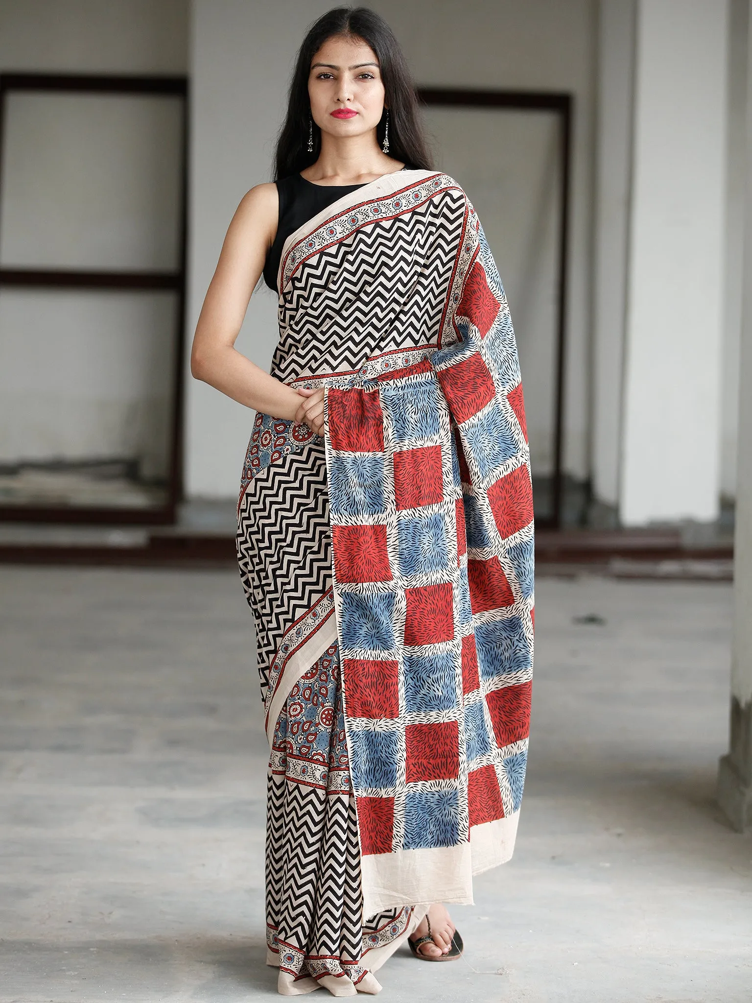 Beige Maroon Black Indigo Ajrakh Hand Block Printed Cotton Saree in Natural Colors - S031703737