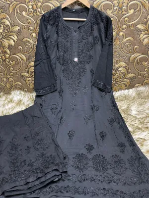 Black Elegant Euphoria: Luxe Lucknowi Chikankari Modal Palazzo Set