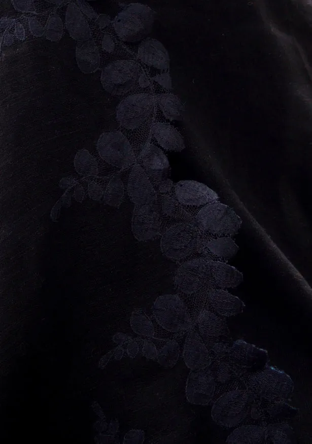 Black Linen and Modal Scarf with a Black Scalloped Lace Border