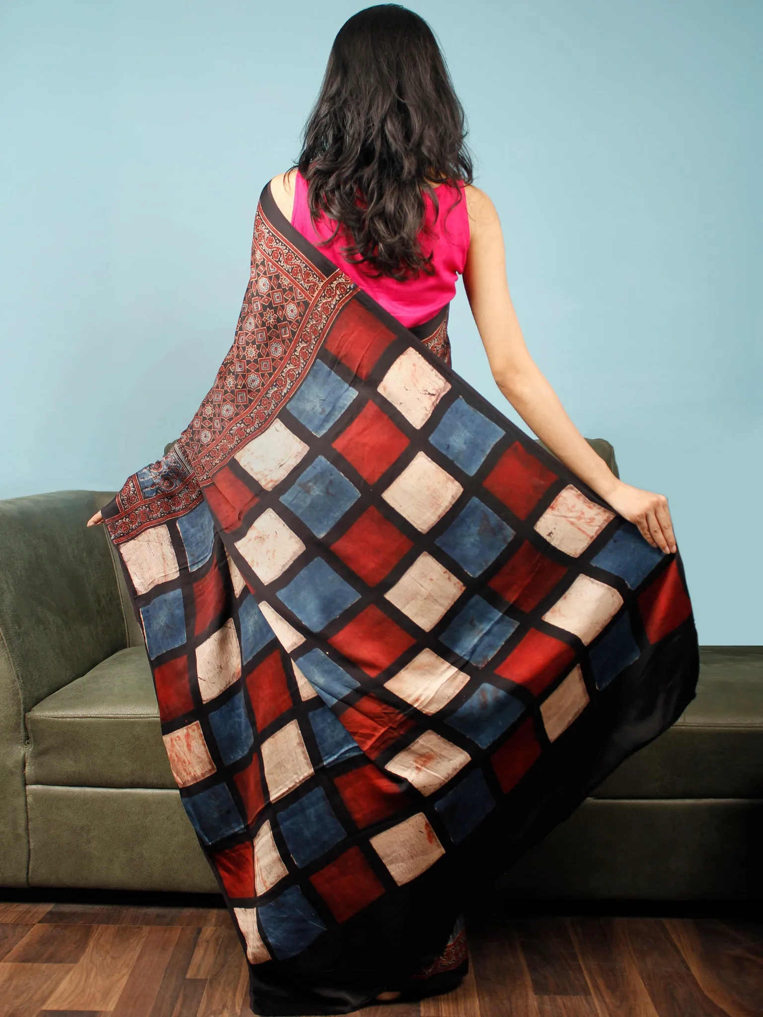 Black Maroon Beige Indigo Ajrakh Hand Block Printed Modal Silk Saree in Natural Colors - S031703346