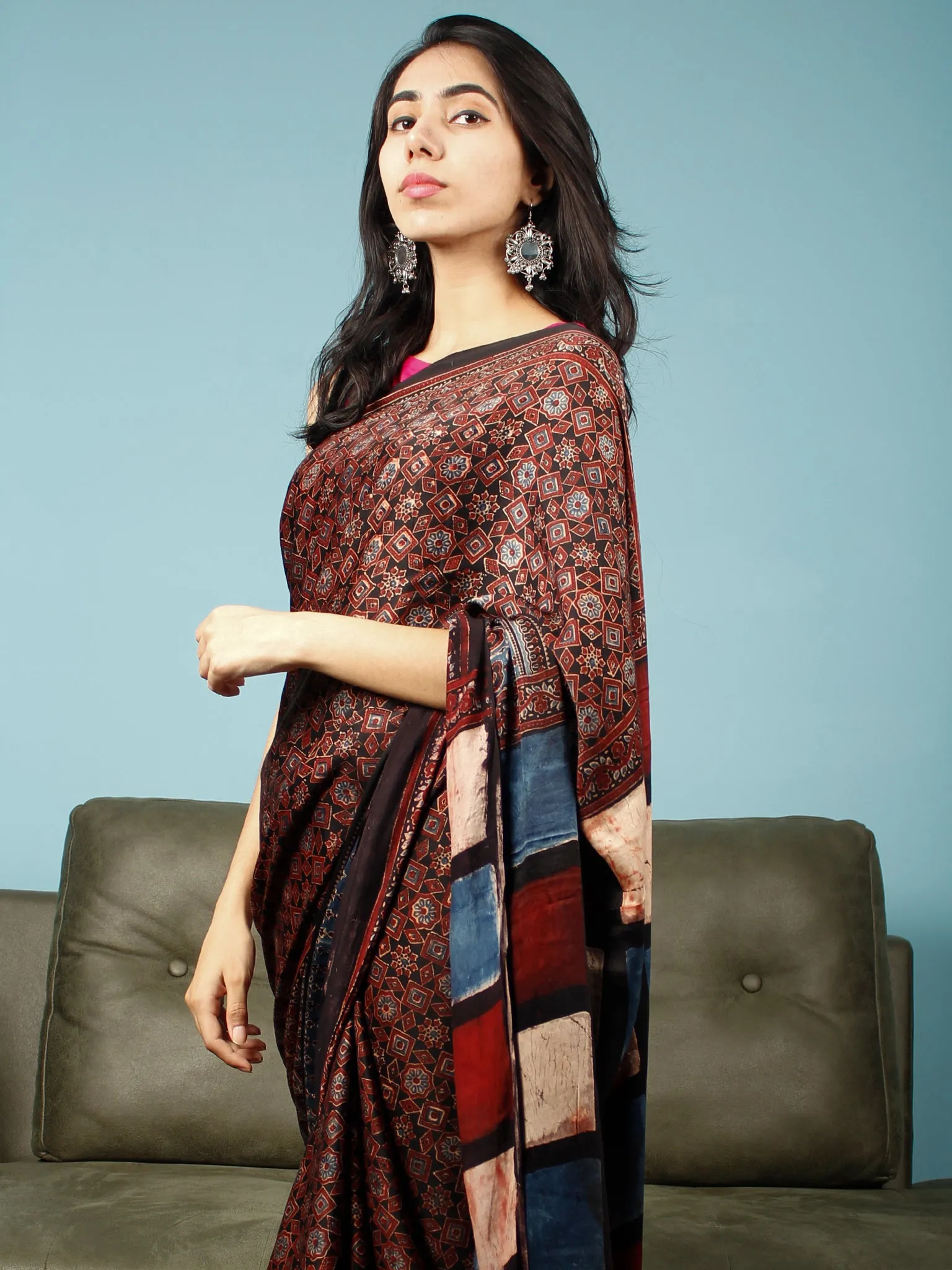 Black Maroon Beige Indigo Ajrakh Hand Block Printed Modal Silk Saree in Natural Colors - S031703346