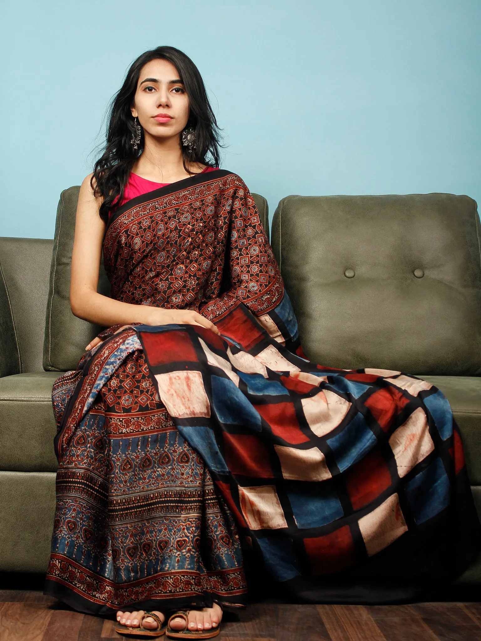 Black Maroon Beige Indigo Ajrakh Hand Block Printed Modal Silk Saree in Natural Colors - S031703346