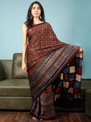 Black Maroon Beige Indigo Ajrakh Hand Block Printed Modal Silk Saree in Natural Colors - S031703346