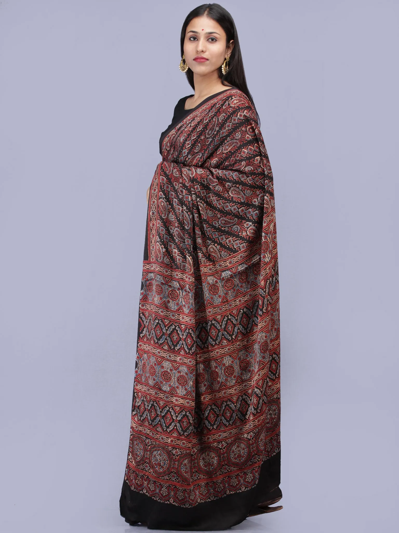 Black Maroon Indigo Ajrakh Hand Block Printed Modal Silk Saree - S031704223