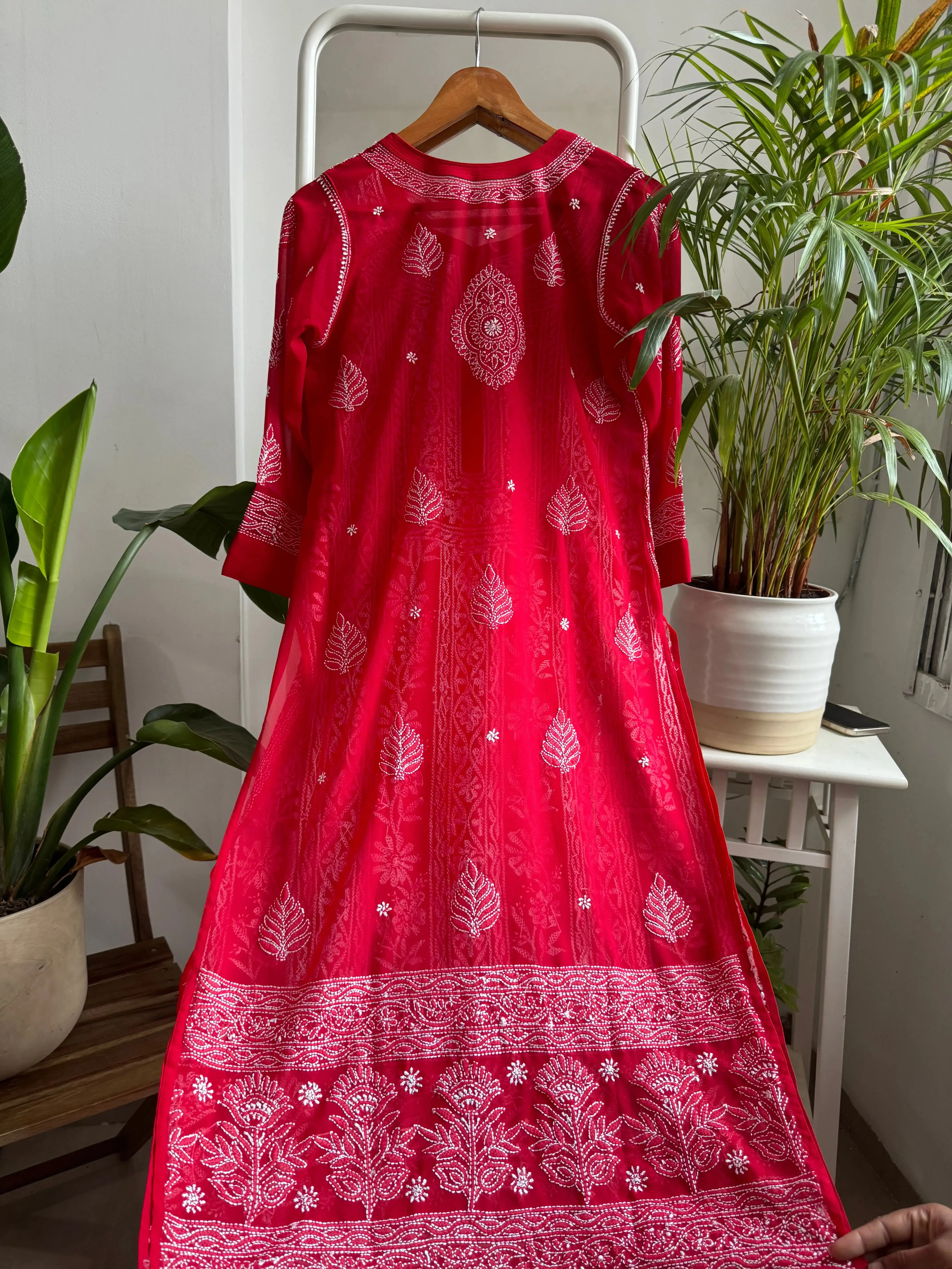 Chikankari Resham Jaal Kurti -  Red