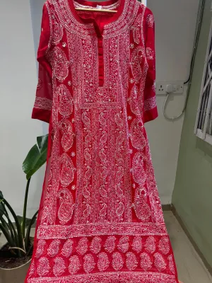 Chikankari Resham Jaal Kurti -  Red