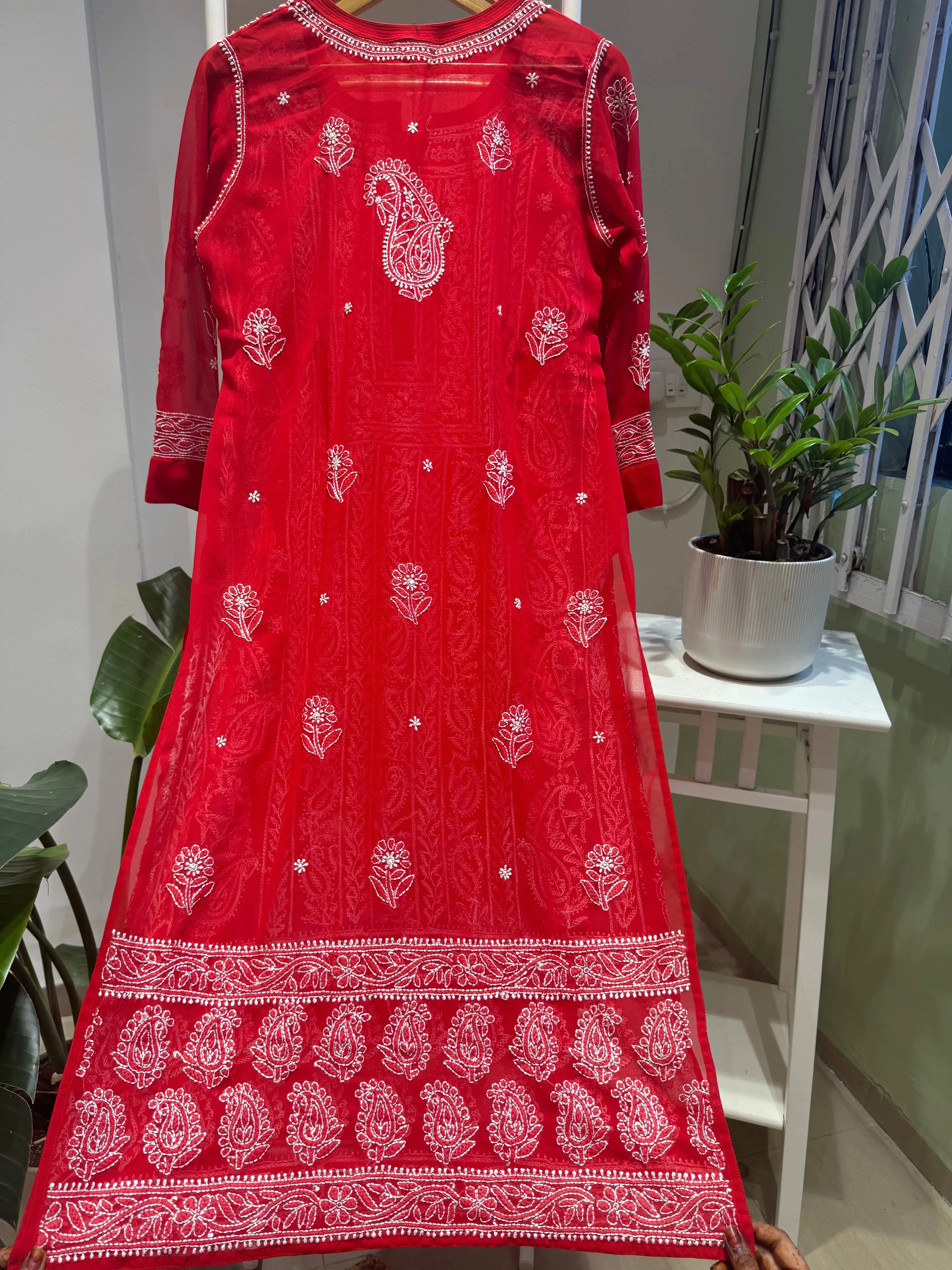 Chikankari Resham Jaal Kurti -  Red