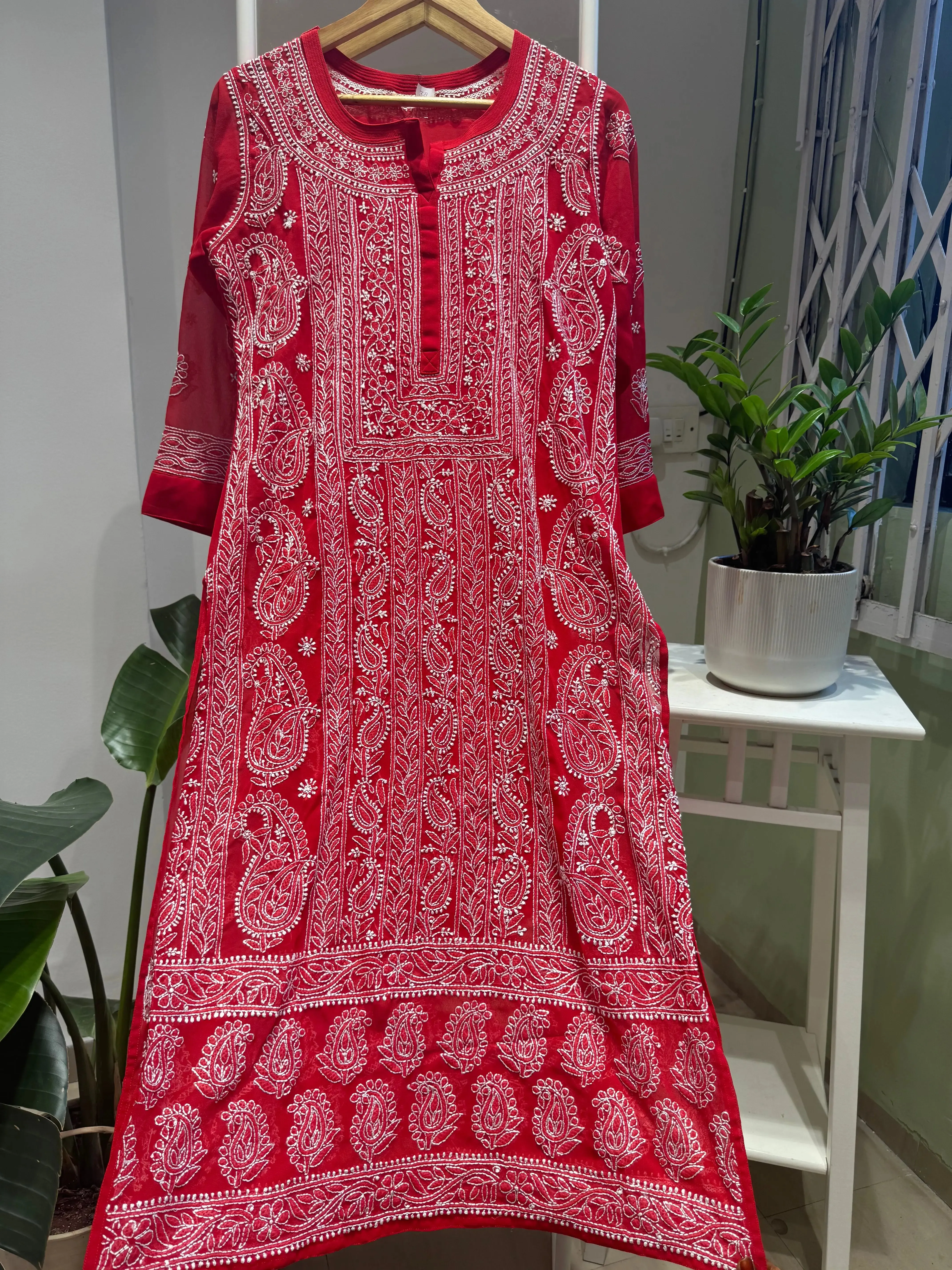 Chikankari Resham Jaal Kurti -  Red