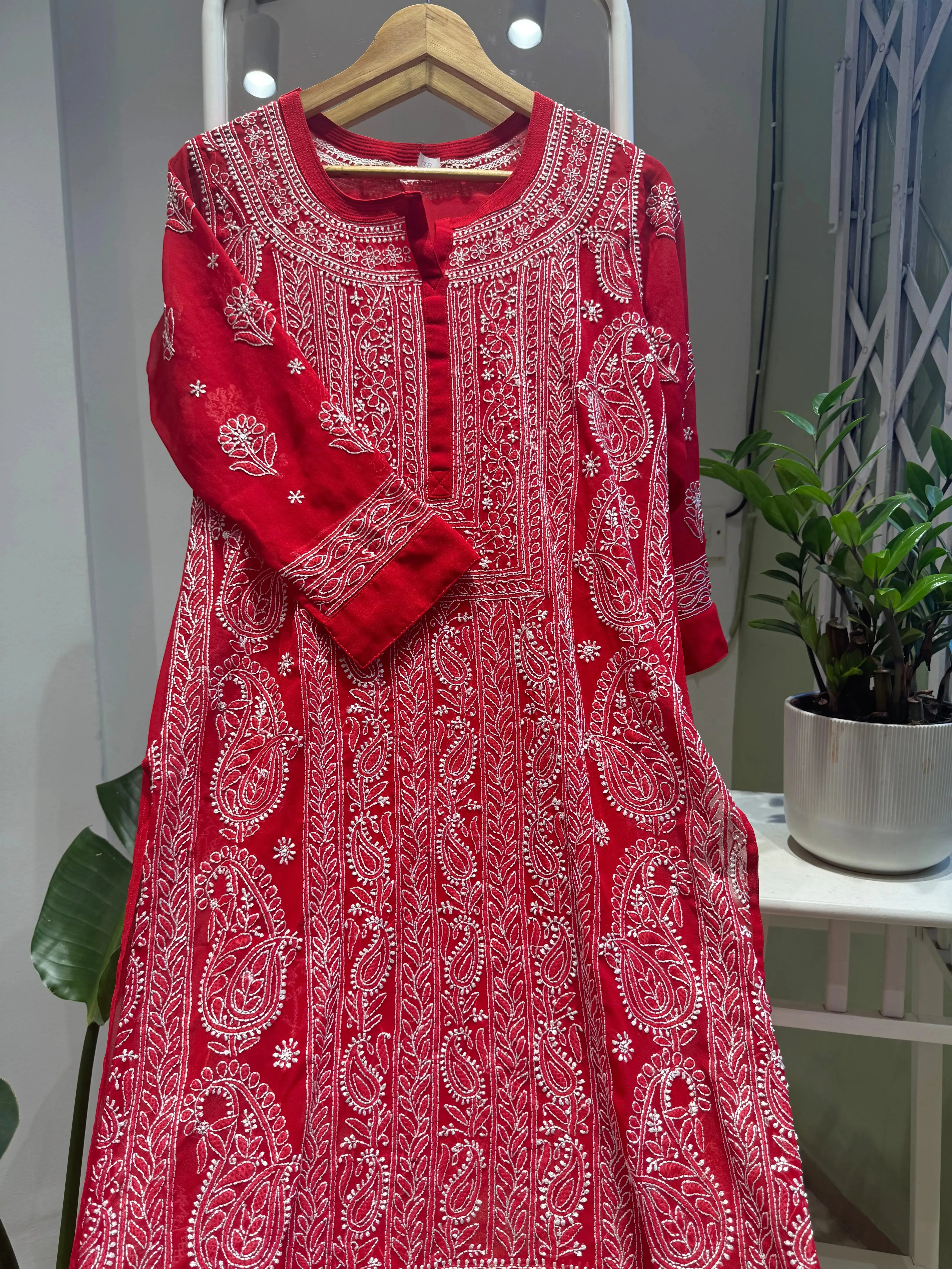 Chikankari Resham Jaal Kurti -  Red