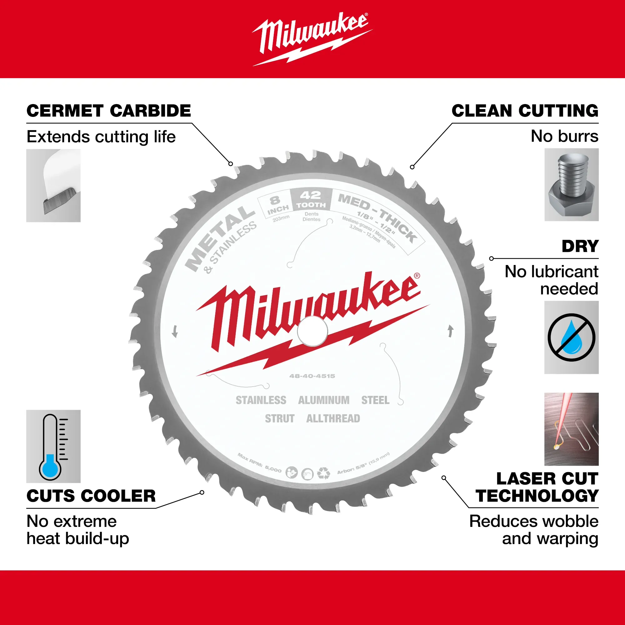 Circular Saw Blade - Milwaukee 8" Metal & Stainless Cutting, 48-40-4515