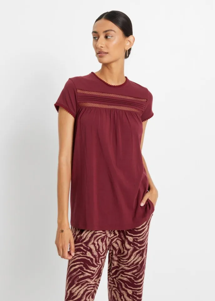 Cotton shirt with lace and short sleeves a-line Bpc Bonprix Collection, red