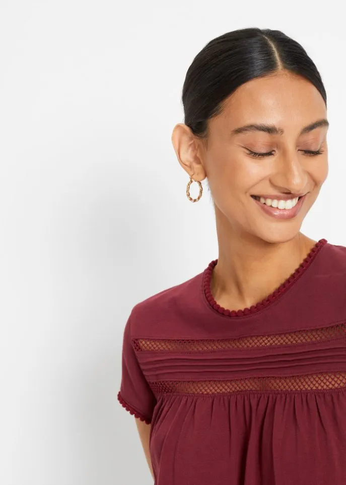 Cotton shirt with lace and short sleeves a-line Bpc Bonprix Collection, red