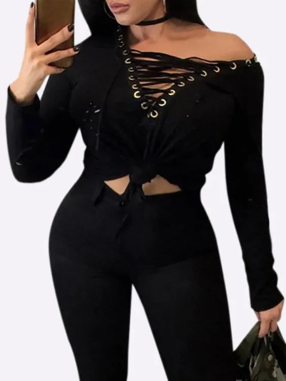 Custom Deep V-Neck Lace-Up Long Sleeve T-Shirts