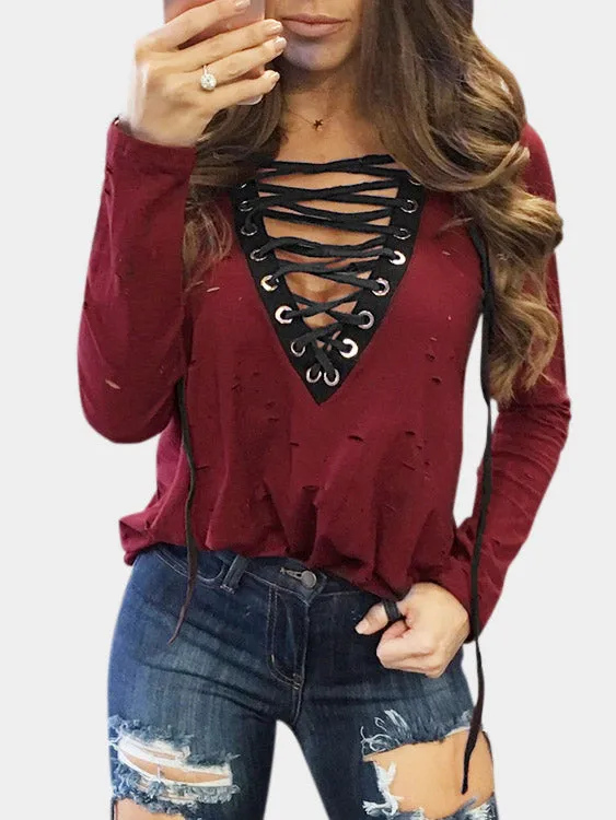 Custom Deep V-Neck Lace-Up Long Sleeve T-Shirts