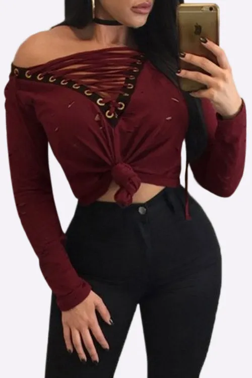 Custom Deep V-Neck Lace-Up Long Sleeve T-Shirts
