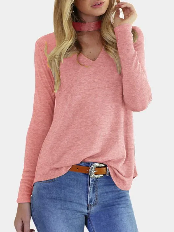 Custom V-Neck Long Sleeve Pink T-Shirts