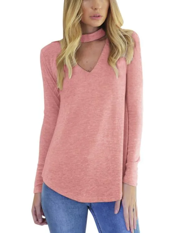 Custom V-Neck Long Sleeve Pink T-Shirts