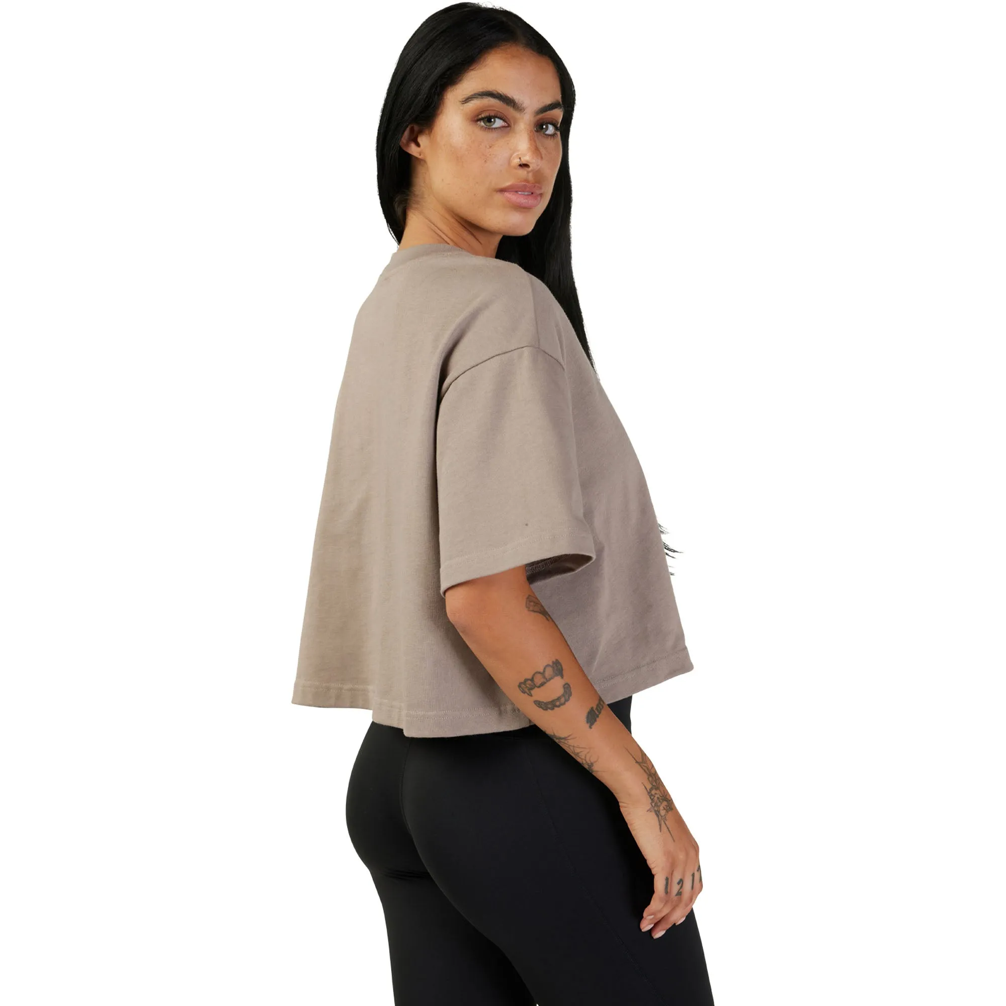 Fox Racing  Womens Wordmark Premium Crop Tee Oversized Ultra-Soft T-Shirt Taupe