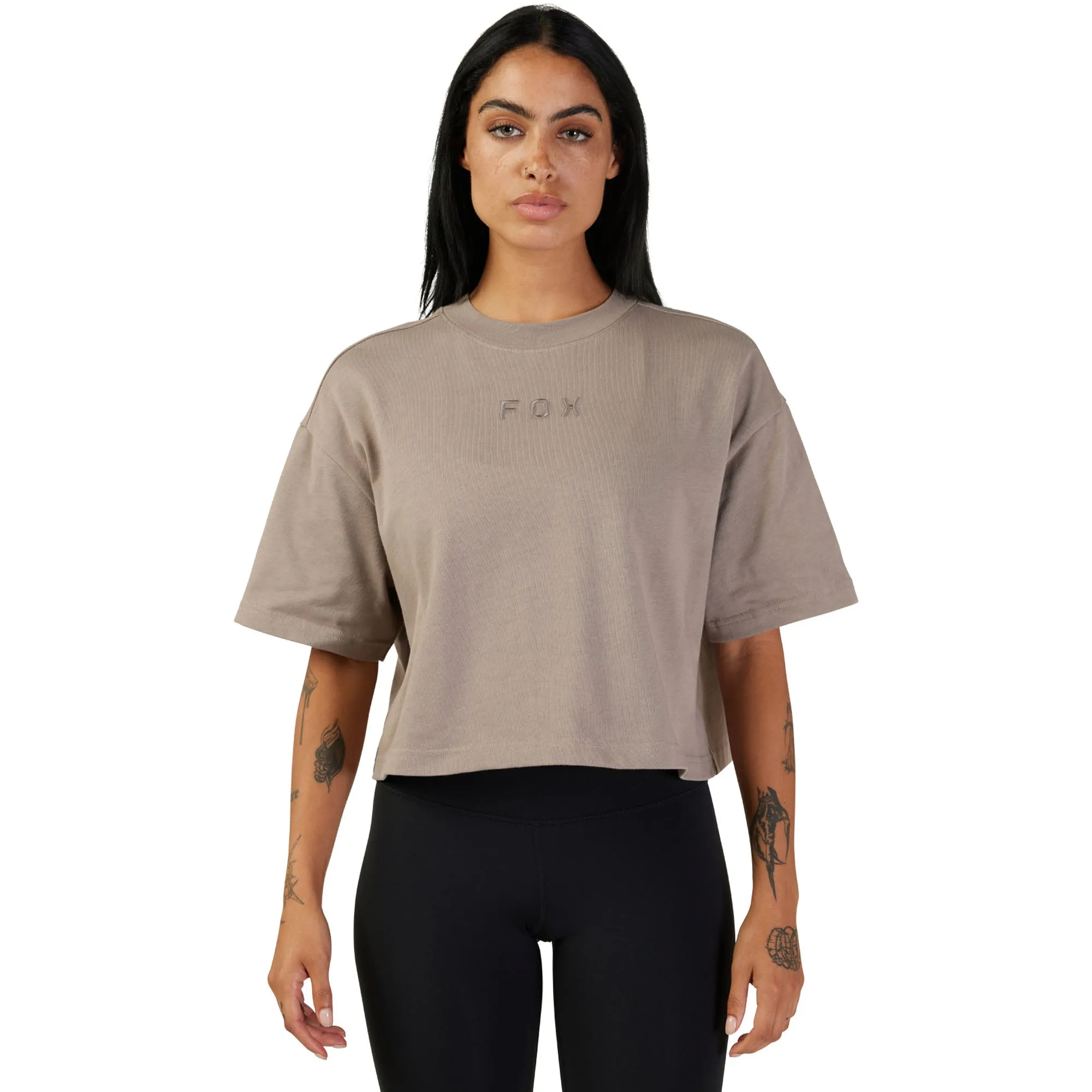 Fox Racing  Womens Wordmark Premium Crop Tee Oversized Ultra-Soft T-Shirt Taupe