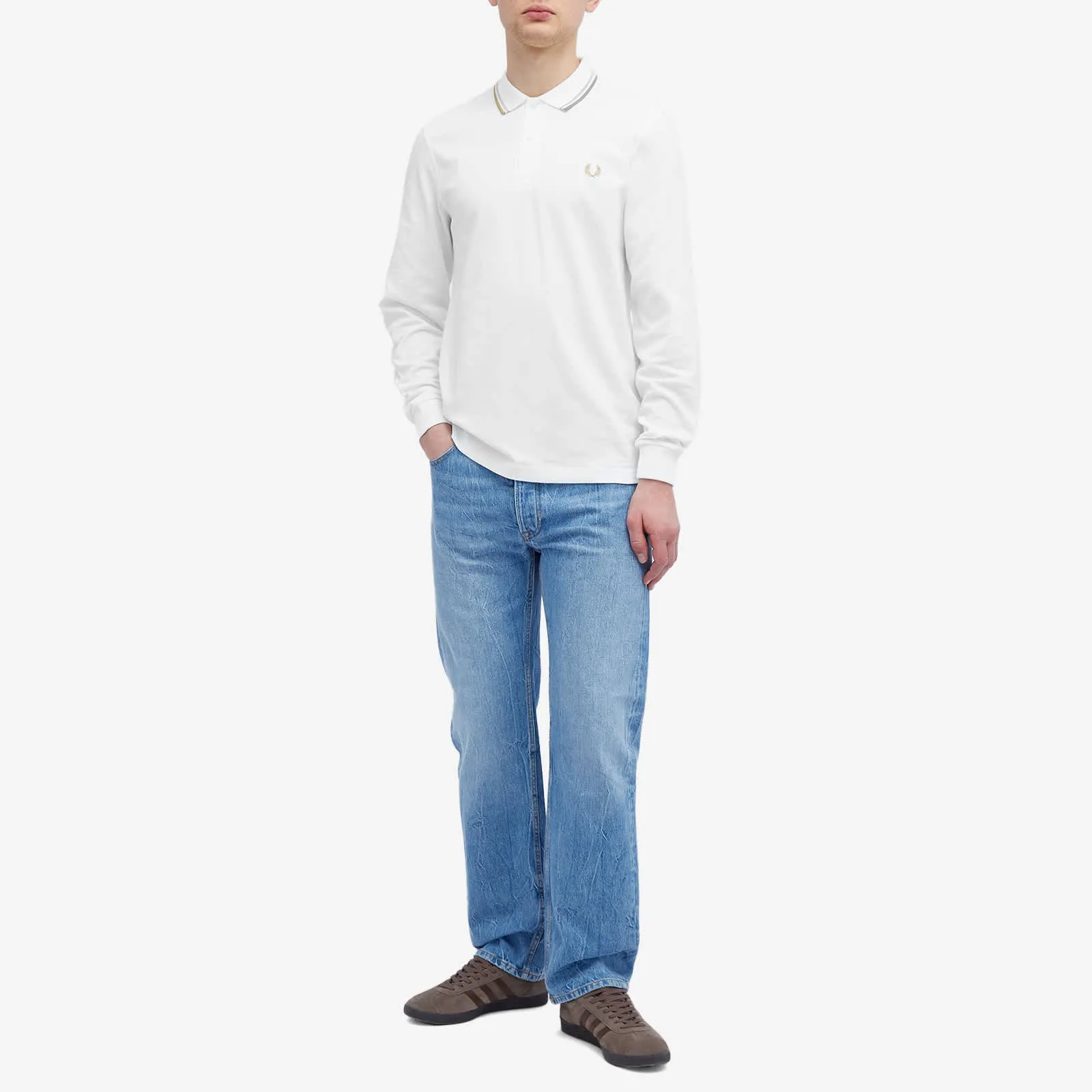 Fred Perry Long Sleeve Twin Tipped Polo, White, Oat & Stone