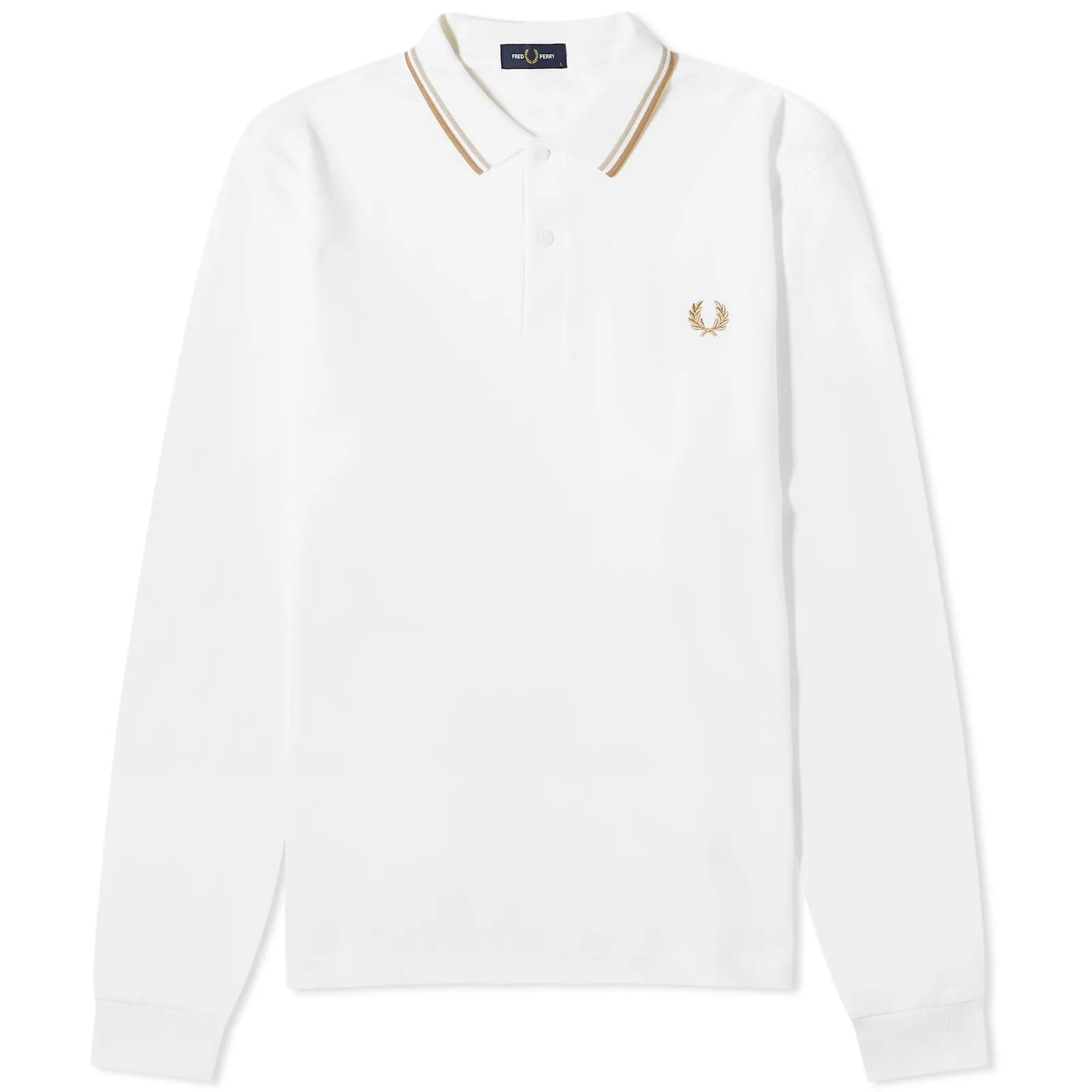 Fred Perry Long Sleeve Twin Tipped Polo, White, Oat & Stone