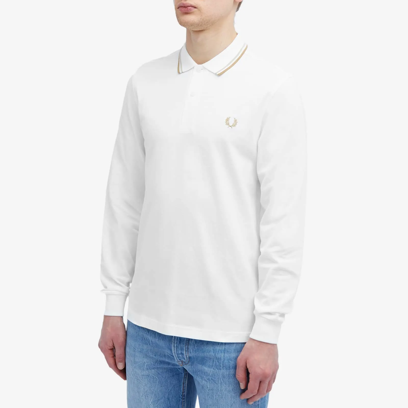 Fred Perry Long Sleeve Twin Tipped Polo, White, Oat & Stone