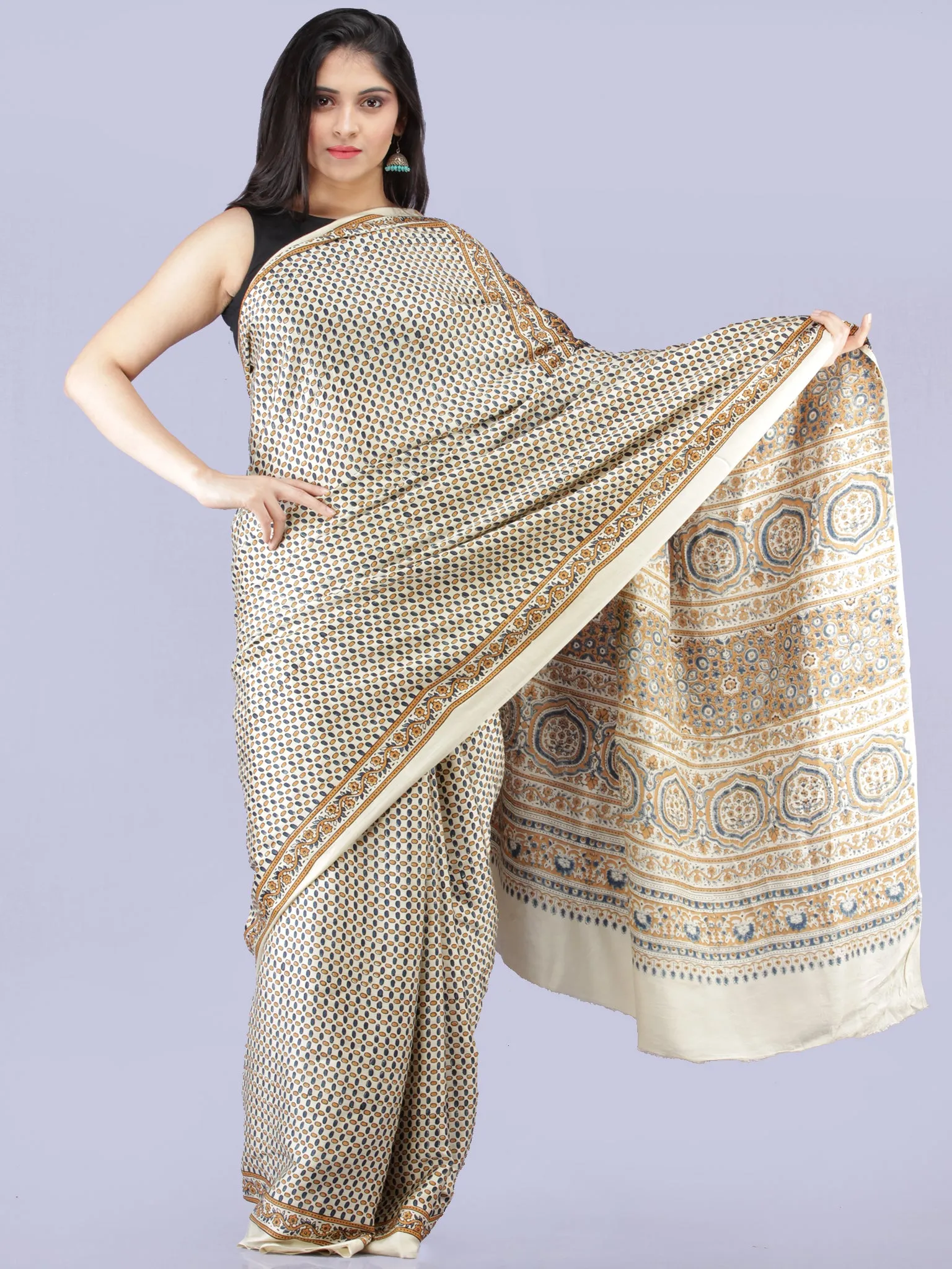 Ivory Indigo Mustard Ajrakh Hand Block Printed Modal Silk Saree - S031704232