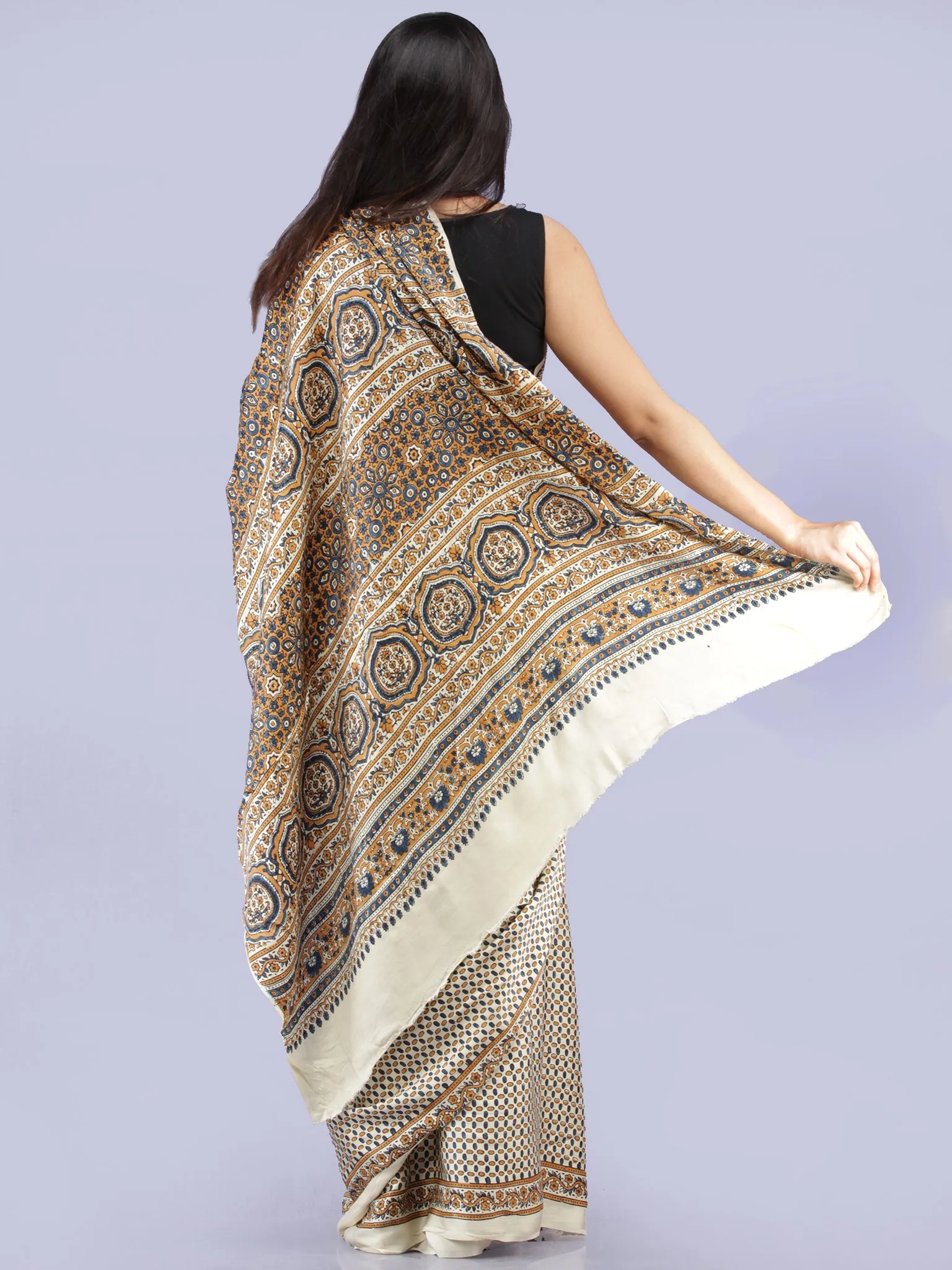Ivory Indigo Mustard Ajrakh Hand Block Printed Modal Silk Saree - S031704232