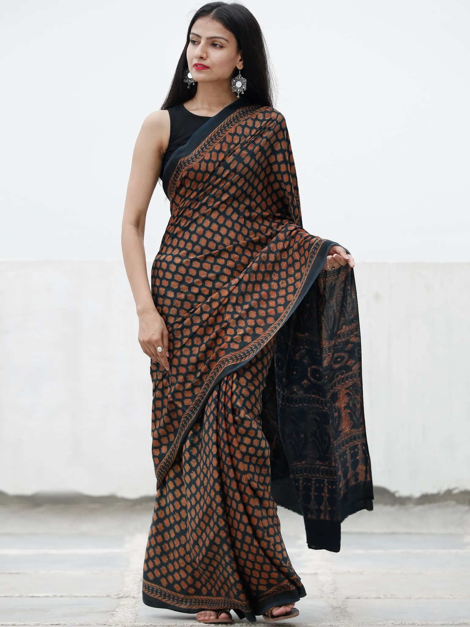 Lead Grey Rust Ajrakh Hand Block Printed Modal Silk Saree in Natural Colors - S031703728