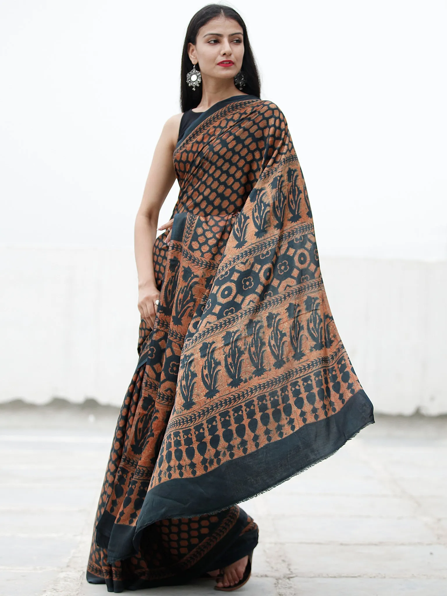 Lead Grey Rust Ajrakh Hand Block Printed Modal Silk Saree in Natural Colors - S031703728
