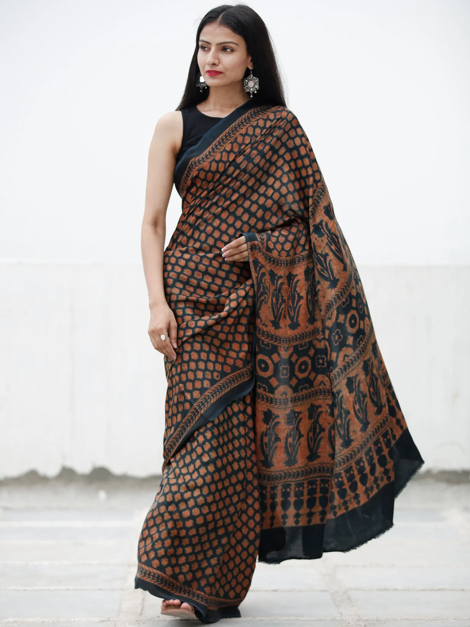 Lead Grey Rust Ajrakh Hand Block Printed Modal Silk Saree in Natural Colors - S031703728