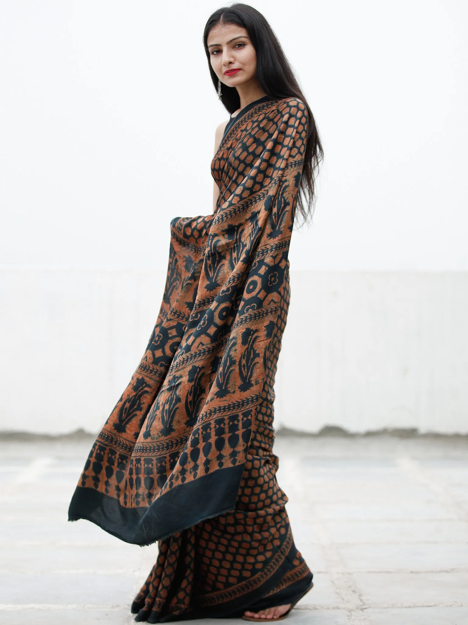 Lead Grey Rust Ajrakh Hand Block Printed Modal Silk Saree in Natural Colors - S031703728