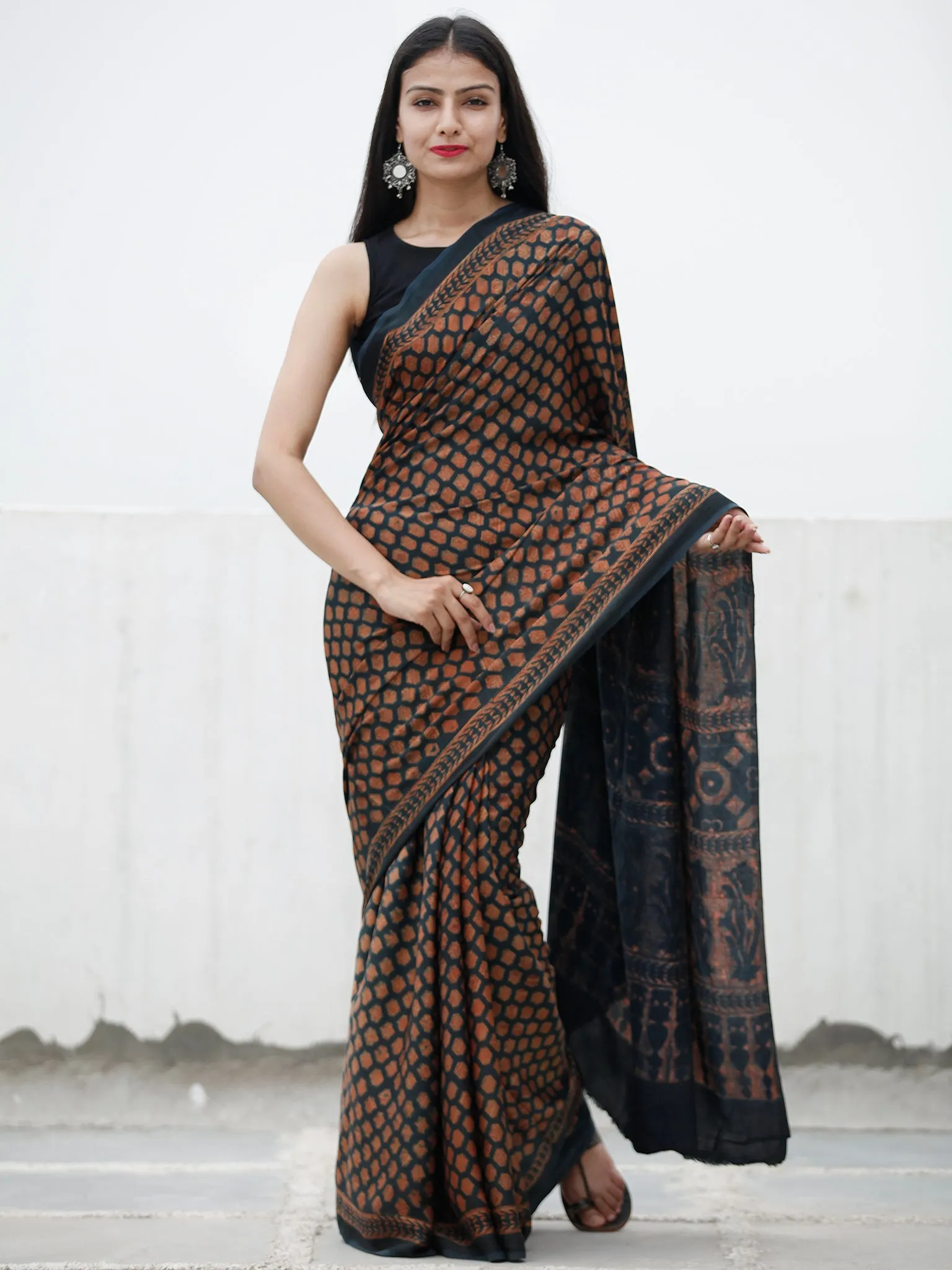 Lead Grey Rust Ajrakh Hand Block Printed Modal Silk Saree in Natural Colors - S031703728
