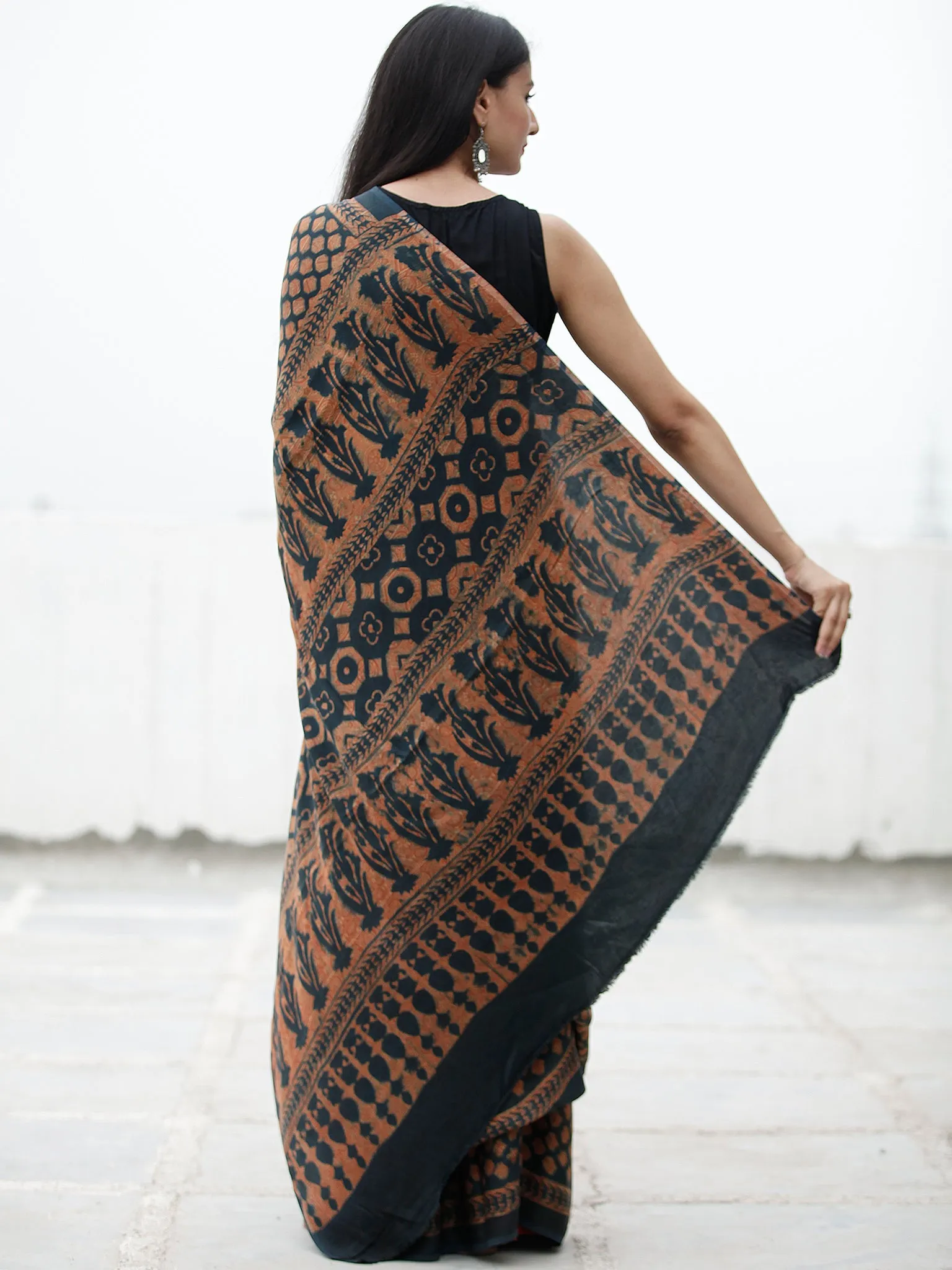 Lead Grey Rust Ajrakh Hand Block Printed Modal Silk Saree in Natural Colors - S031703728