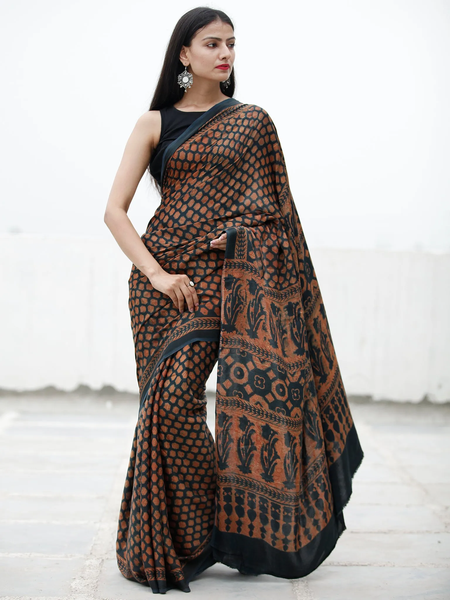 Lead Grey Rust Ajrakh Hand Block Printed Modal Silk Saree in Natural Colors - S031703728