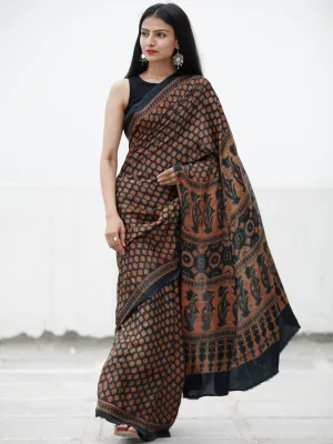 Lead Grey Rust Ajrakh Hand Block Printed Modal Silk Saree in Natural Colors - S031703728