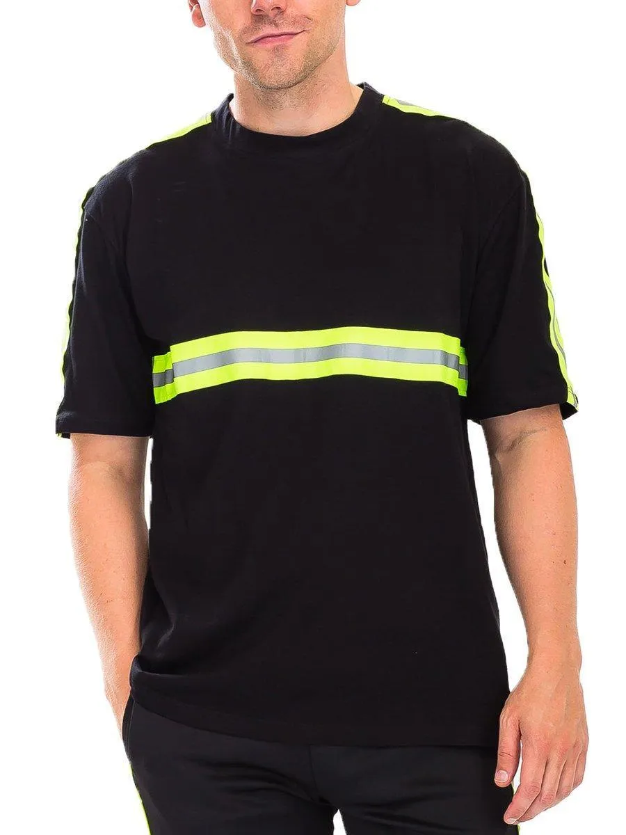 Mens Black T-Shirt Reflective Tape Stripes Shirt Crew Neck
