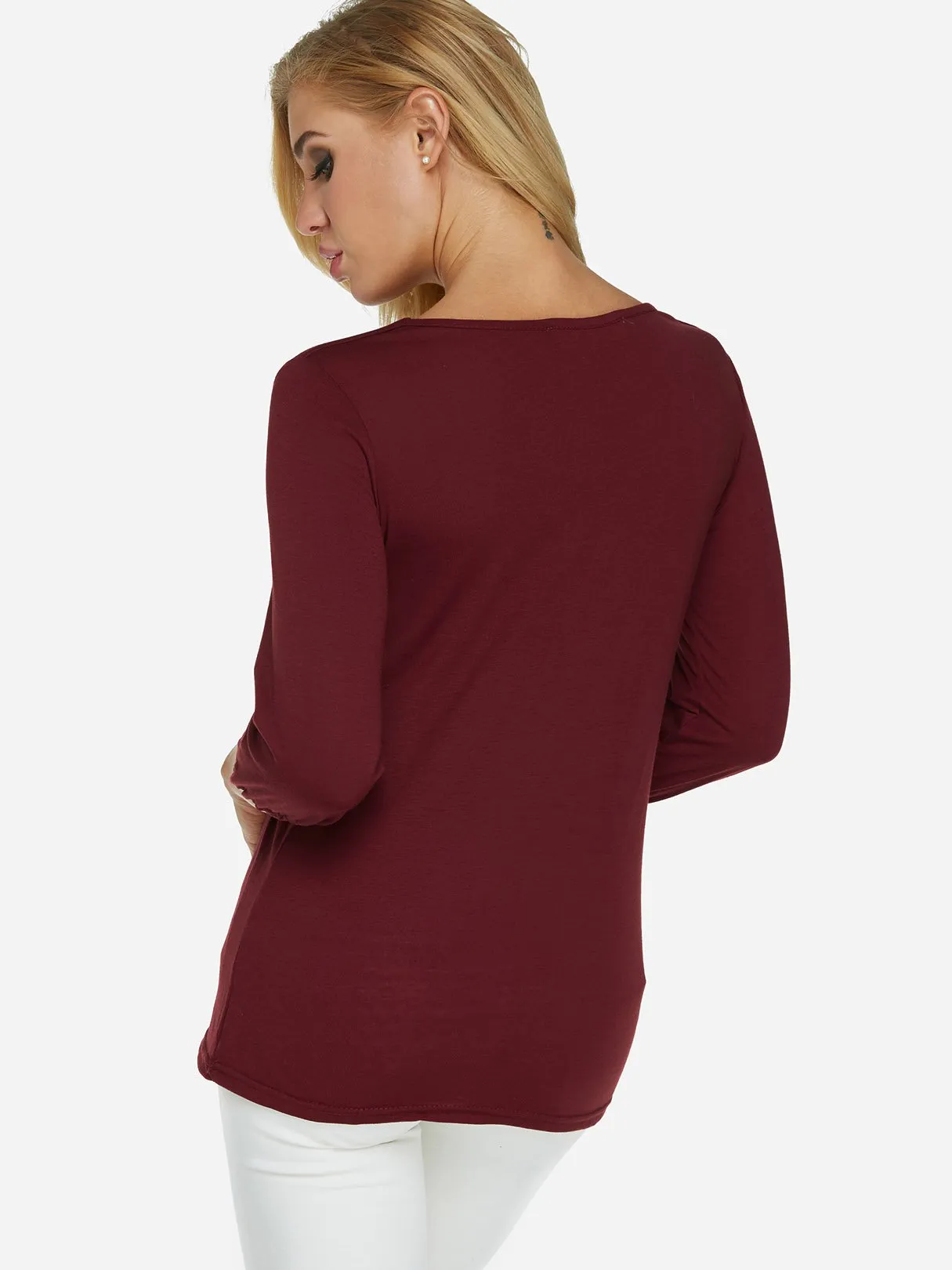 OEM ODM V-Neck Pleated Sequins Embellished 3/4 Sleeve Burgundy T-Shirts