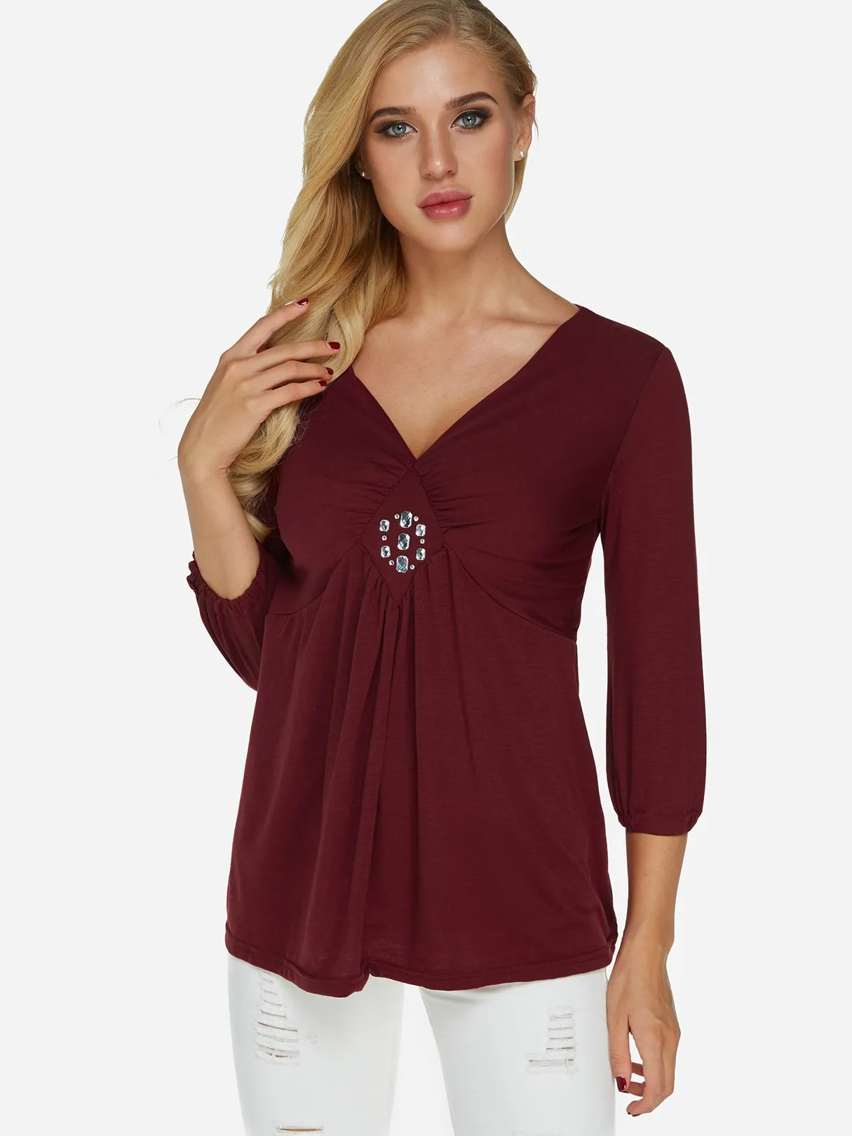 OEM ODM V-Neck Pleated Sequins Embellished 3/4 Sleeve Burgundy T-Shirts