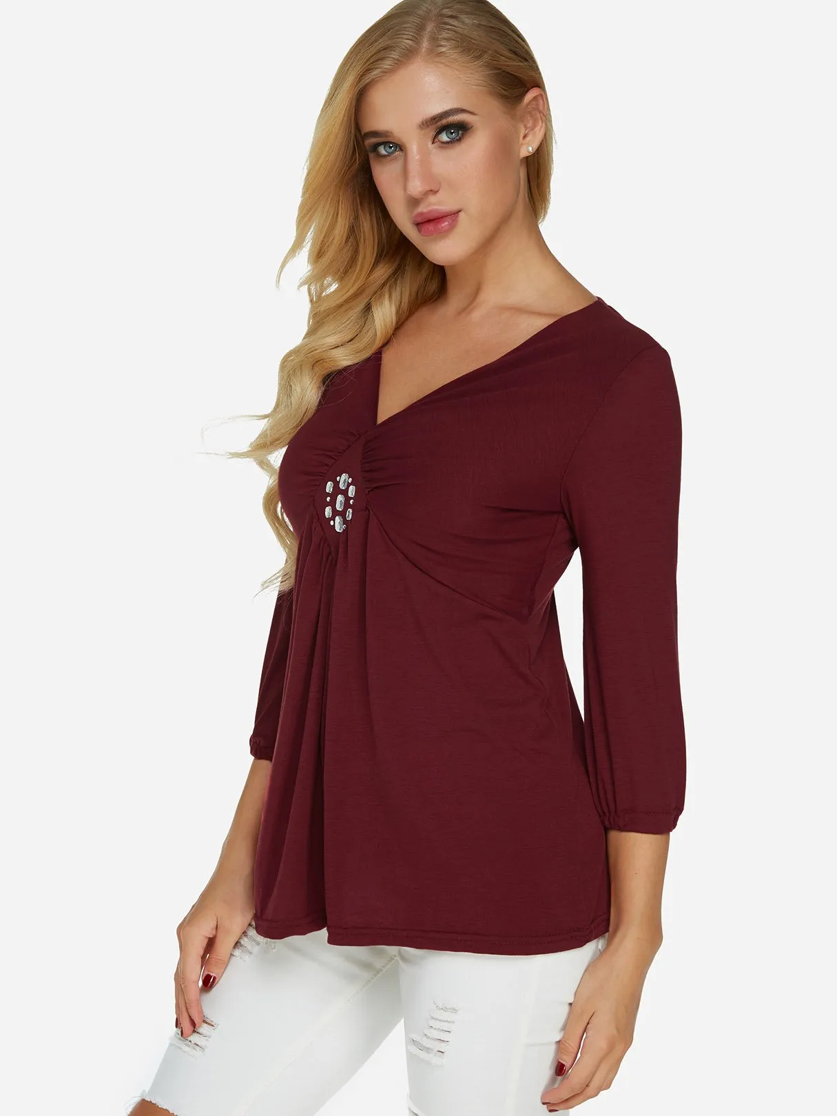 OEM ODM V-Neck Pleated Sequins Embellished 3/4 Sleeve Burgundy T-Shirts