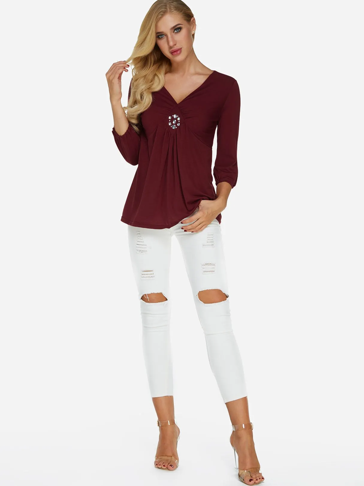 OEM ODM V-Neck Pleated Sequins Embellished 3/4 Sleeve Burgundy T-Shirts