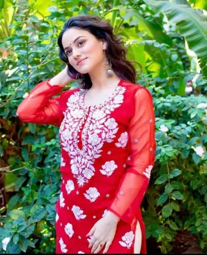 Red 🌹 Georgette Rose Keel Long Kurtis 🌹 Inner included