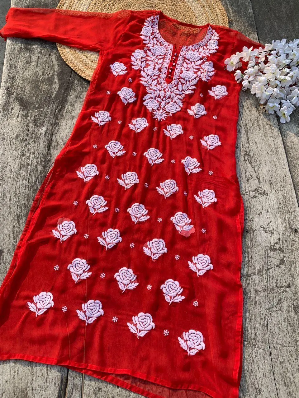 Red 🌹 Georgette Rose Keel Long Kurtis 🌹 Inner included