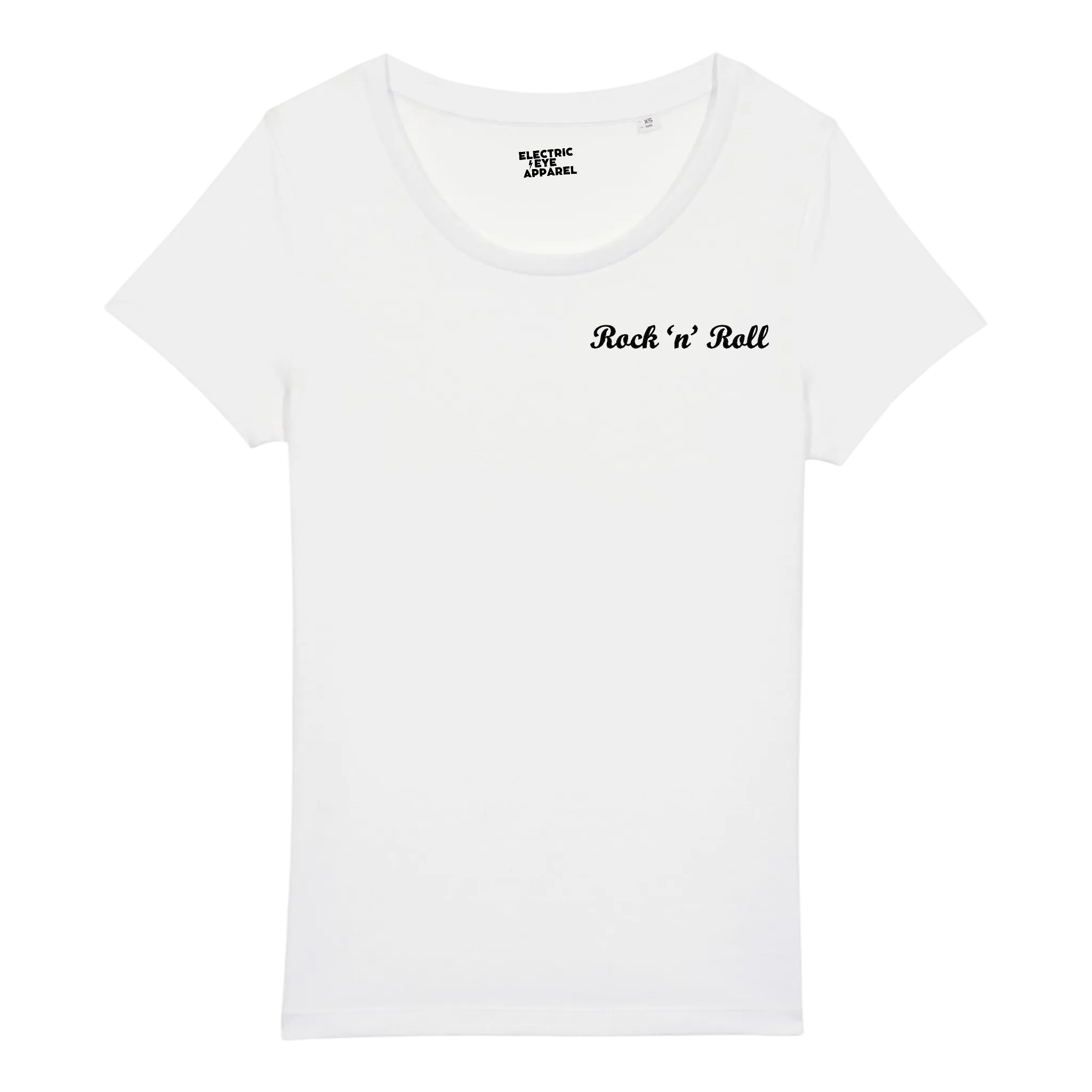 'ROCK 'N' ROLL' left chest embroidered premium organic iconic mid-light women's scoop neck 'jazzer' t-shirt