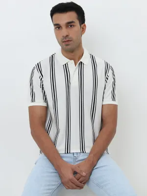 WES Casuals White Striped Relaxed-Fit Polo T-Shirt
